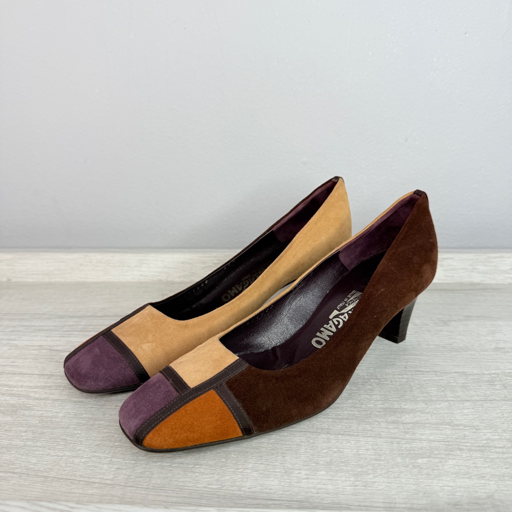 Nwt! Vintage Salvatore Ferragamo Italian Suede Retro Square Toe Heels Size 6